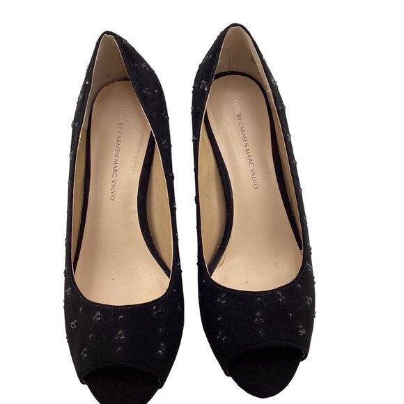 Luxe By Carmen Marc Valvo Heels Size 8 Faith Womens Black Peep Toe Beaded - Picture 3 of 8